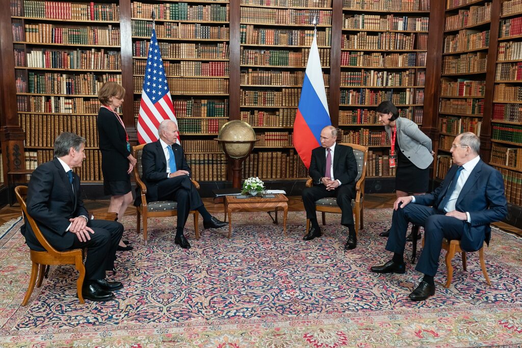 President Joe Biden and Russian President Vladimir Putin participate in a tete-a-tete during a U.S.-Russia Summit on Wednesday, June 16, 2021, at the Villa La Grange in Geneva. (Official White House Photo by Adam Schultz) © USA public domain
